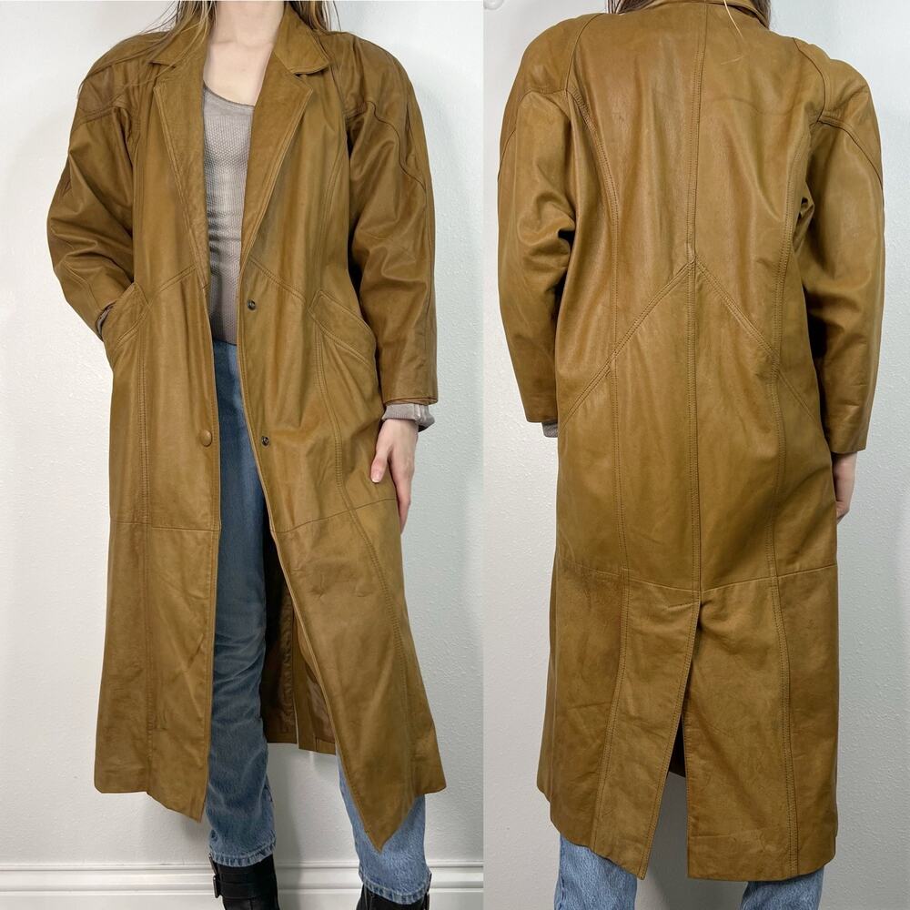 Vintage 80s Brown Leather Trench Coat Winlit Small Petite